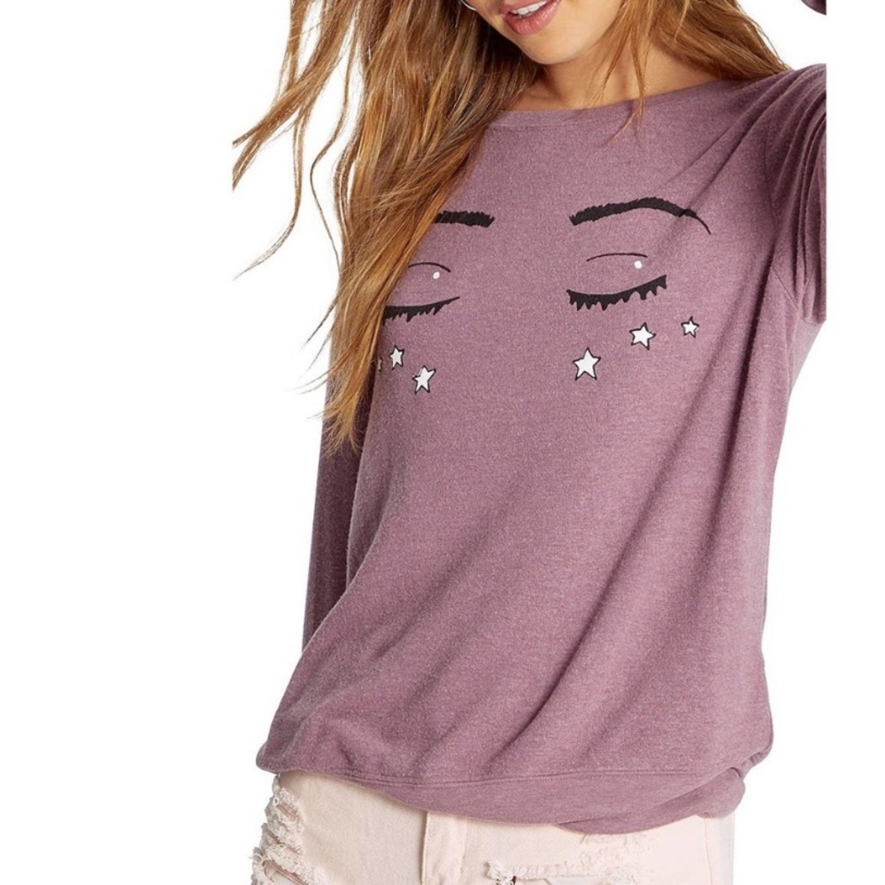 WILDFOX sweatshirt eyelash sleeping beauty graphic in purple reverse fleece NEW